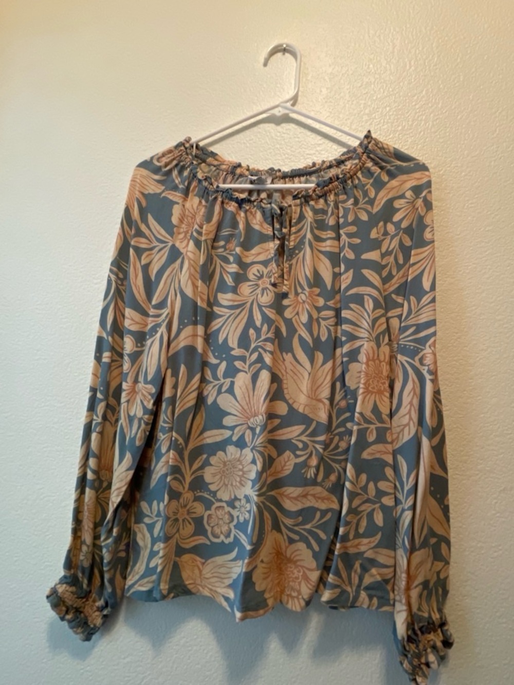 Patrons of Peace Sage Green and Beige Floral Off-Shoulder Blouse